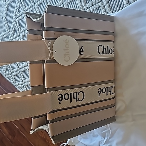 NWT Chloe Pink Woody Medium Linen Tote Bag - Picture 8 of 8